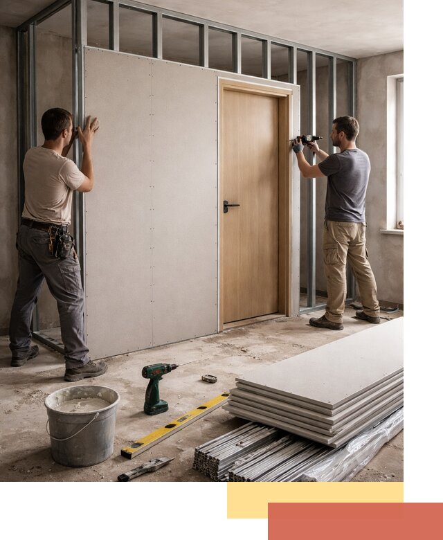 Перегородка из гипсокартона с дверью под ключ в Миассе