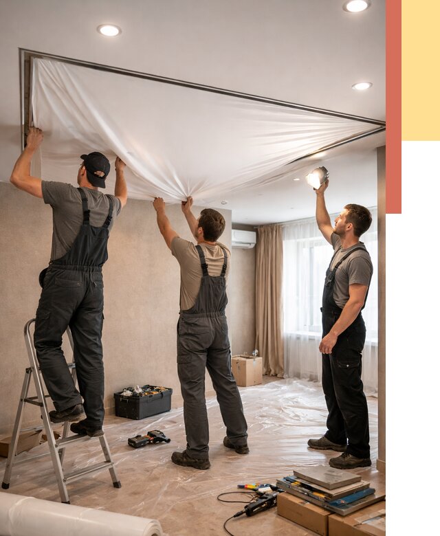 Монтаж ПВХ натяжного потолка в Миассе от 3560 руб. под ключ | ОТДЕЛОЧНИК-Мсс