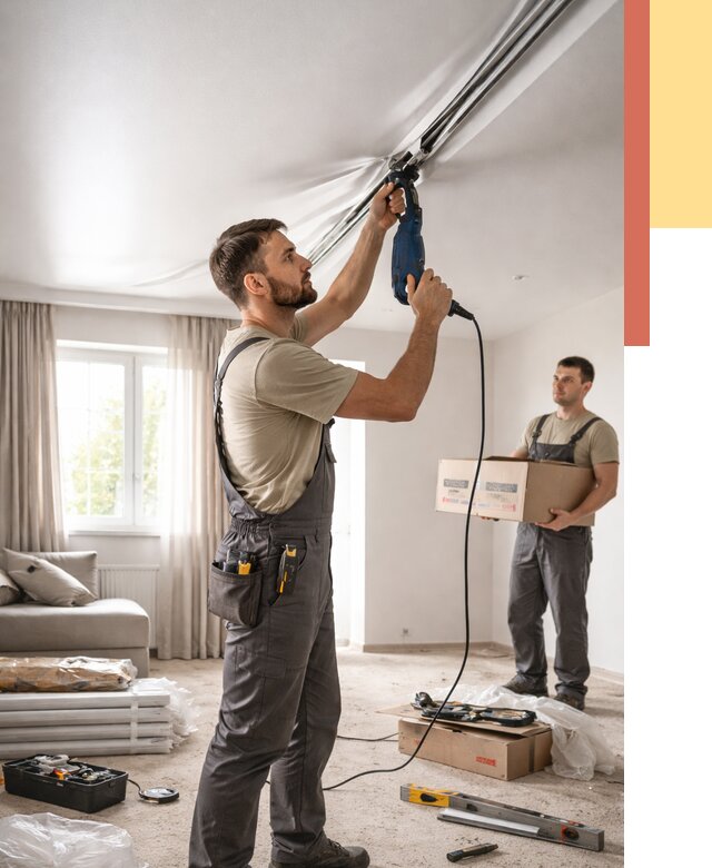 Монтаж сатинового натяжного потолка в Миассе от 3560 руб. | Быстро, недорого — ОТДЕЛОЧНИК-Мсс