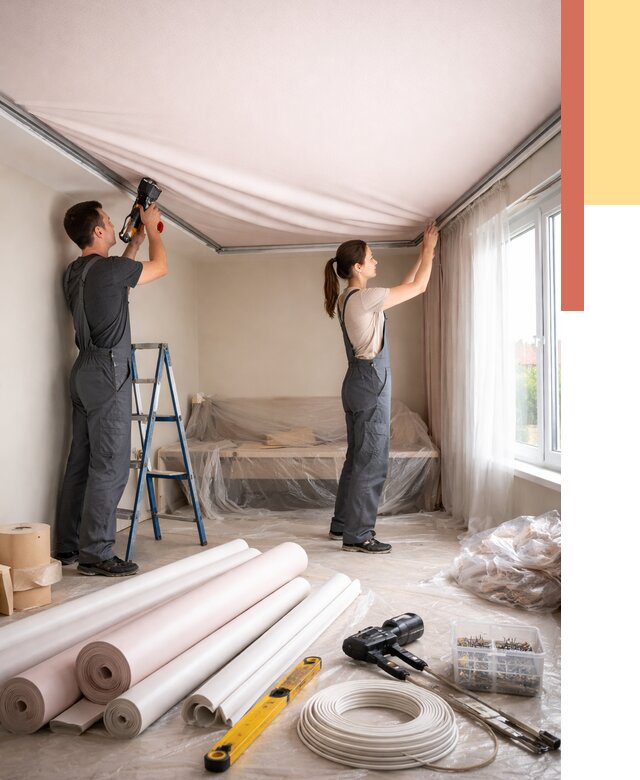 Монтаж цветного натяжного потолка в Миассе от 4271 руб/м² — быстро и недорого | ОТДЕЛОЧНИК-Мсс