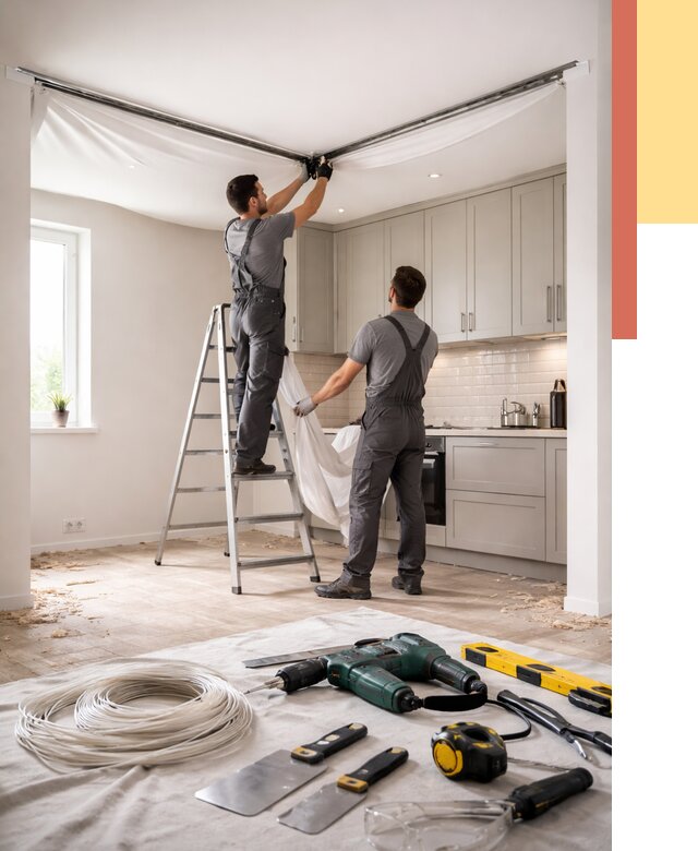 Установка натяжного потолка на кухне в Миассе от 2441 руб. | ОТДЕЛОЧНИК-Мсс