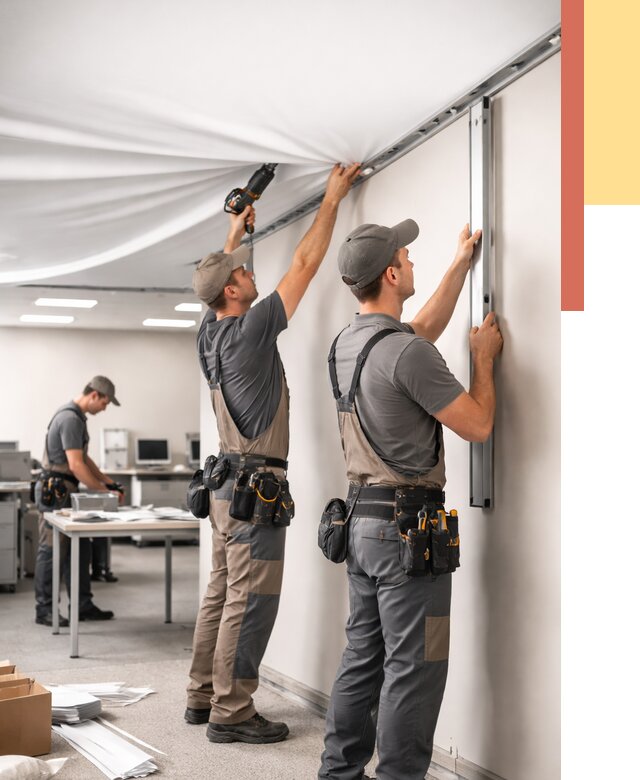 Монтаж натяжного потолка в офисе в Миассе от 458 руб/м² — быстро и недорого | ОТДЕЛОЧНИК-Мсс