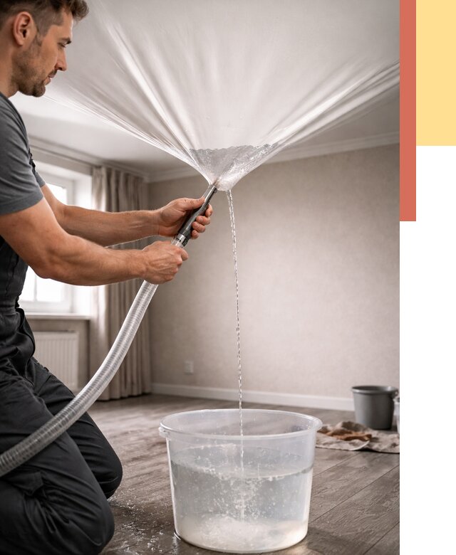 Слив воды с натяжного потолка в Миассе от 2543 руб. быстро и недорого | ОТДЕЛОЧНИК-Мсс