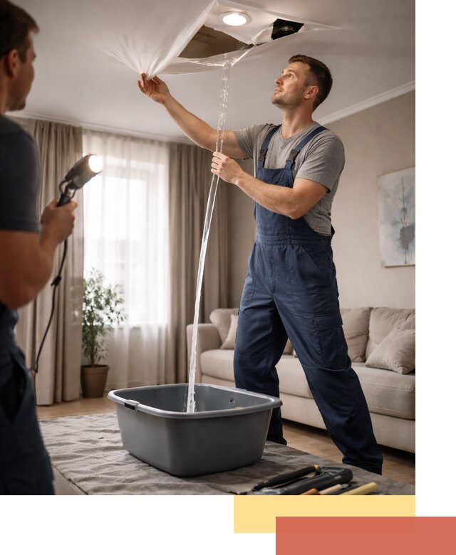 Слив воды с натяжного потолка в Миассе быстро и аккуратно